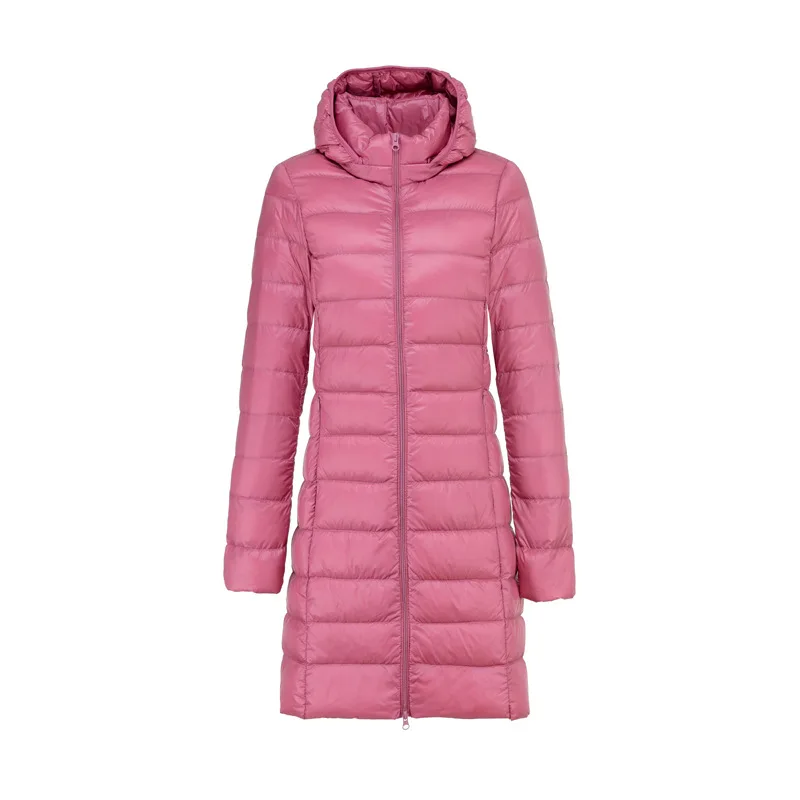 Ultraleichte Daunenjacke für Damen, langer Stil, weiße Ente, weiblich, schmale Passform, abnehmbare Kapuze, tragbar, schmale Passform, Oberbekleidung DJ01