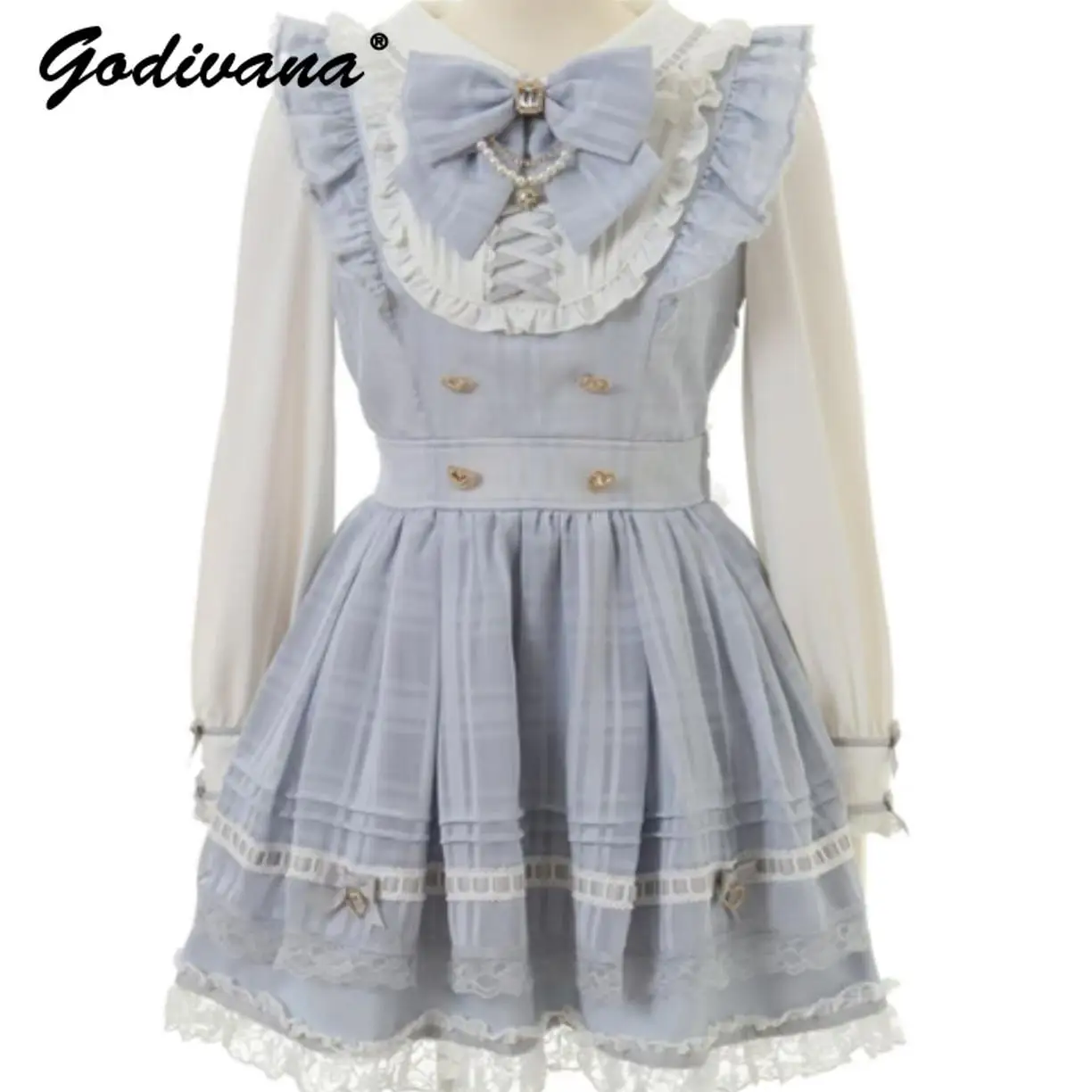 Japanese Liz Autumn and Winter Doll Collar Big Bow Cute Dress Women's Long Sleeve Slim Short A-line Dresses