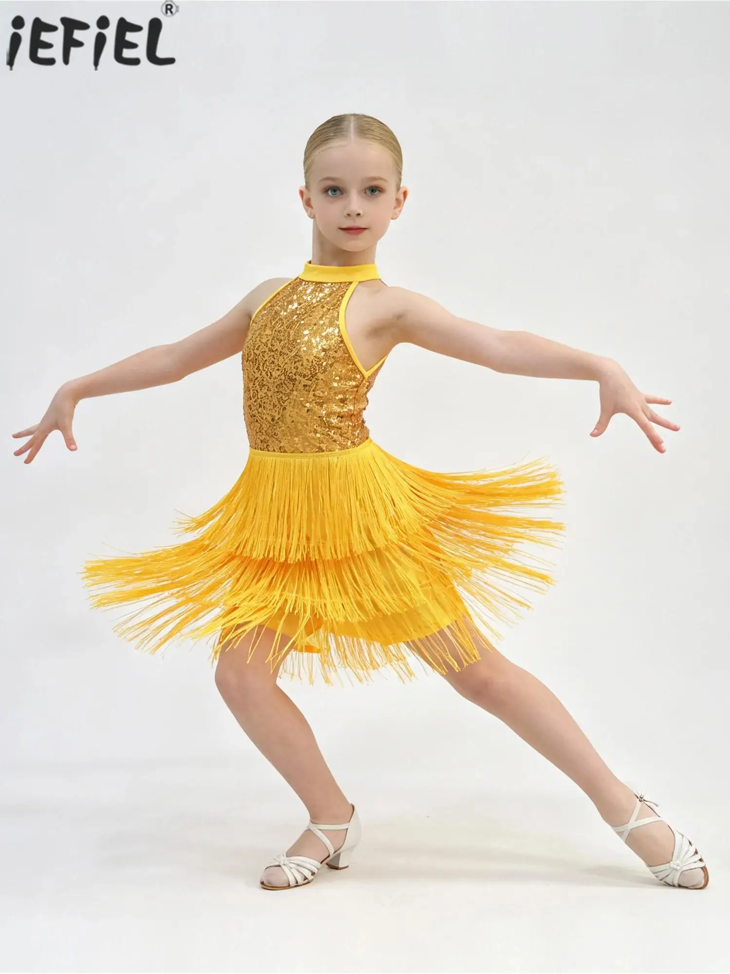 Kids Girls Tassels Latin Dance Dress Sleeveless Shiny Sequin Fringed Dresses with Shorts Ballroom Chacha Tango Salsa Dancewear