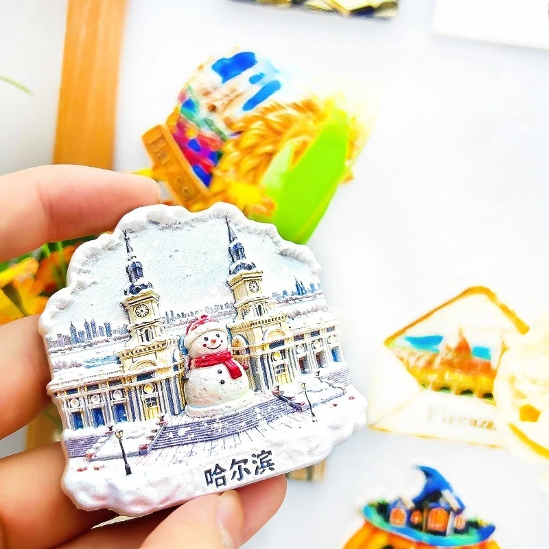 Harbin China Fridge Magnet - Whimsical 3D Cathedral & Snowman Souvenir Unique Winter Gift for Travel & Festive Home Decor