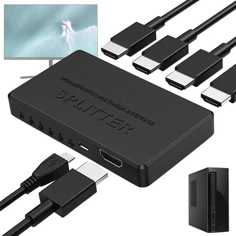 Разветвитель 1 в 4 выхода Видеоразветвитель-переключатель Разветвитель 4K Plug & Play Дизайн 4K 30 Гц 1 вход на 4 выхода для монитора