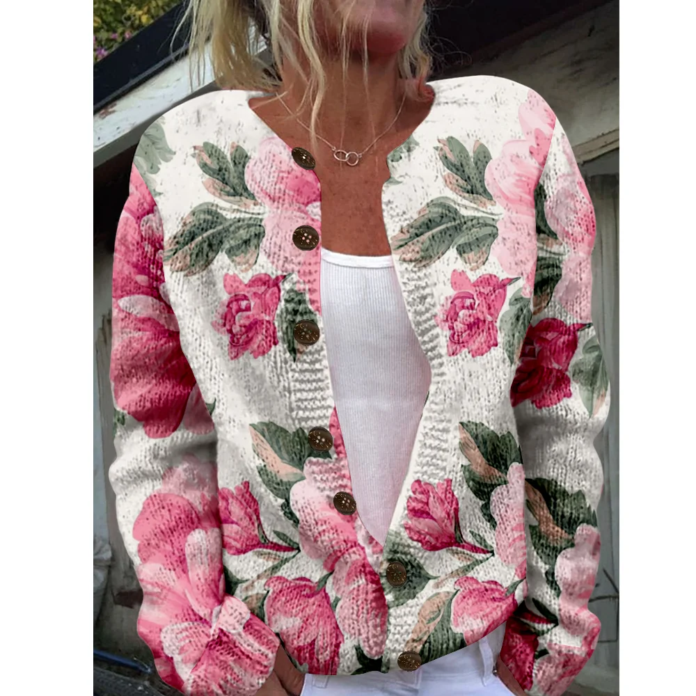 

Осень-зима вязаный милый кардиган с цветочным принтом, свитер, уличная одежда, женские свитера, вязаный топ, повседневные крутые джемперы, модные