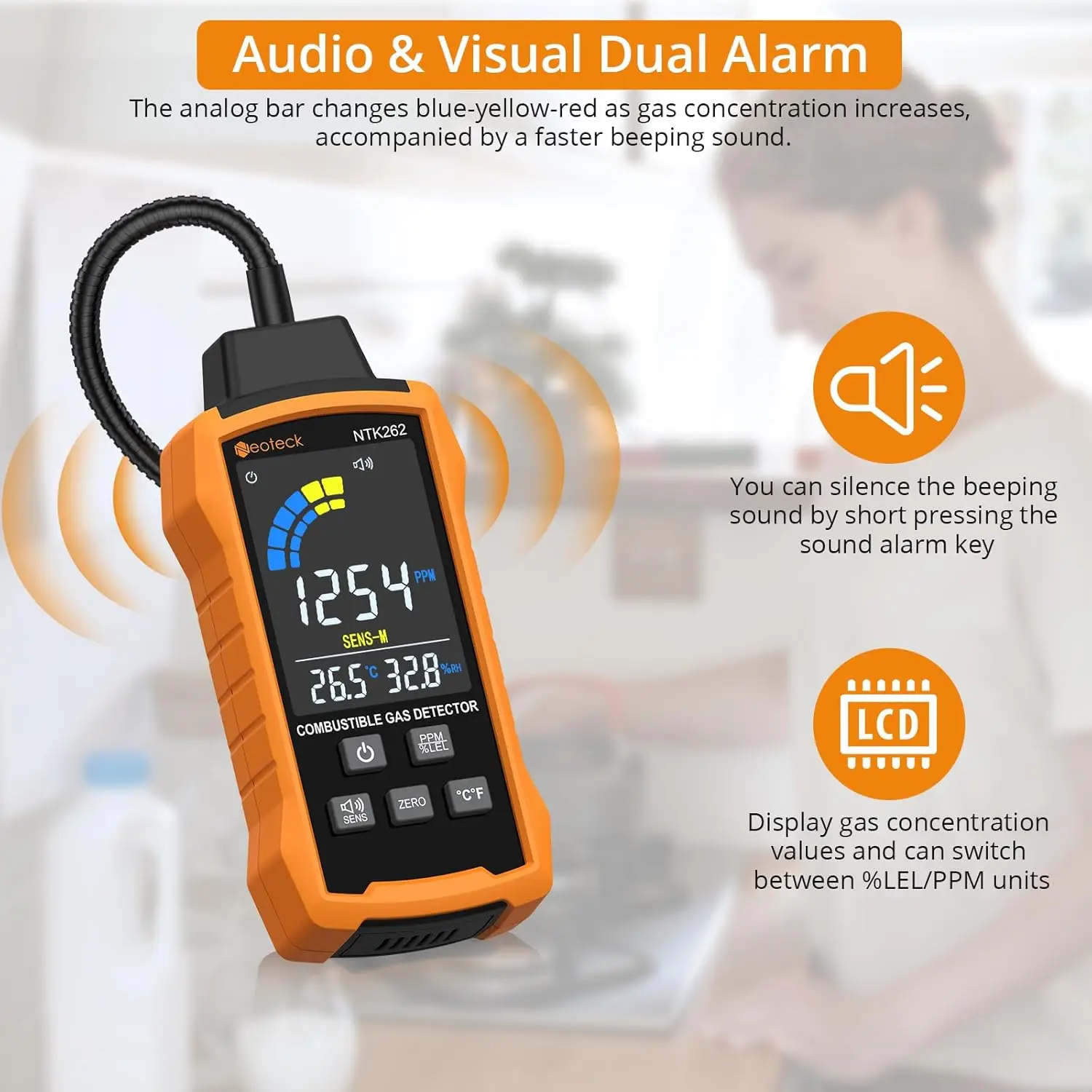 Neoteck Rilevatore di gas naturale 0-9999PPM/0%-20% Rilevatore di fughe di gas LEL con rilevatore di gas combustibile a collo di cigno da 12" con 3