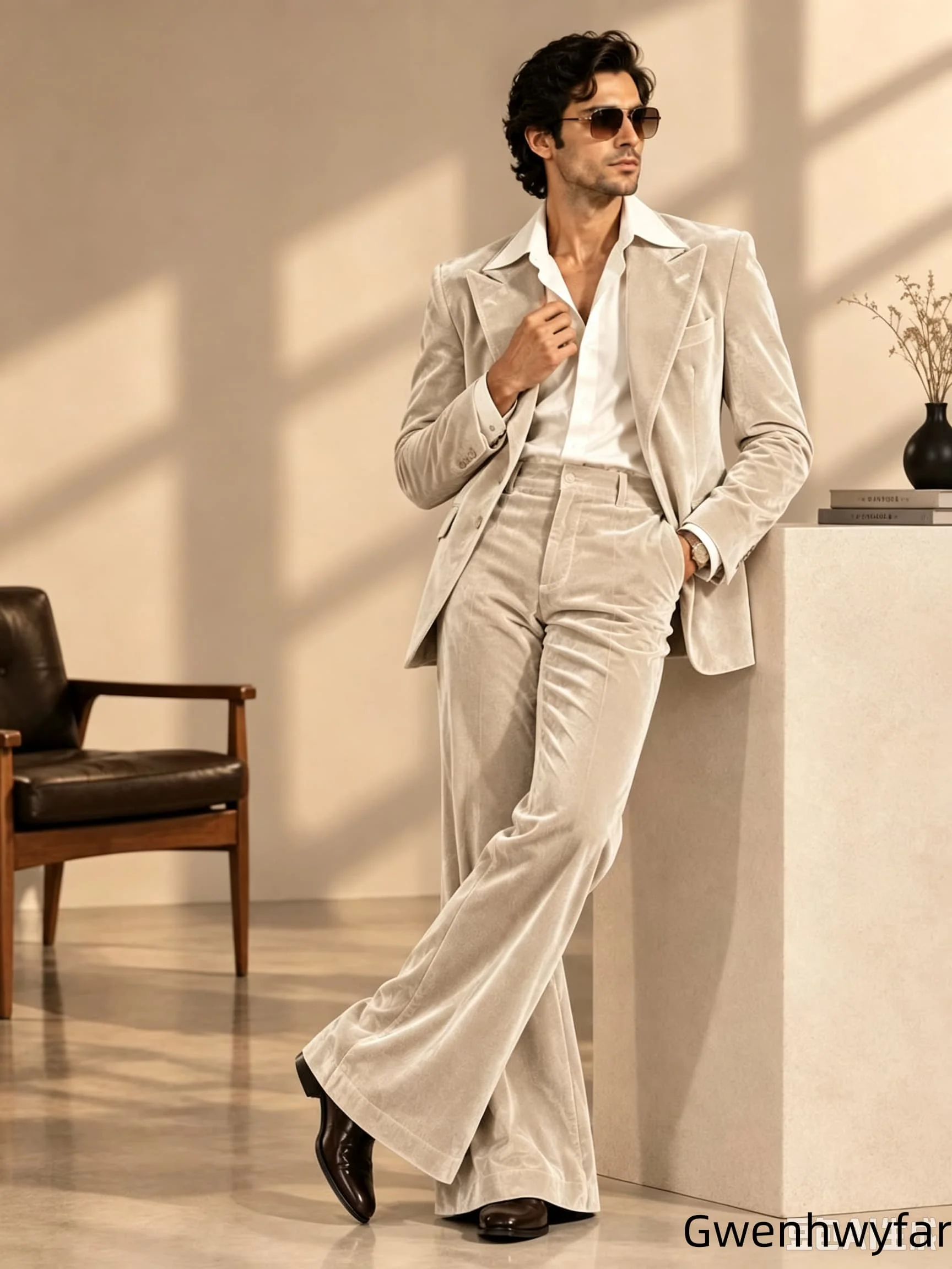 Gwenhwyar Men Champagne Velvet Flared Suit, Peak Lapel Retro Wide Leg Suit for Wedding Prom Party