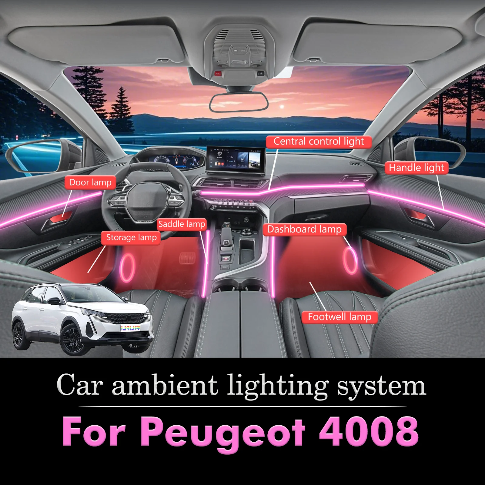 

For Peugeot 4008 Car Interior Mood Ambient Light RGB 64-Color LED Smart Remote Control Atmosphere Lamp Energy Saving Kit