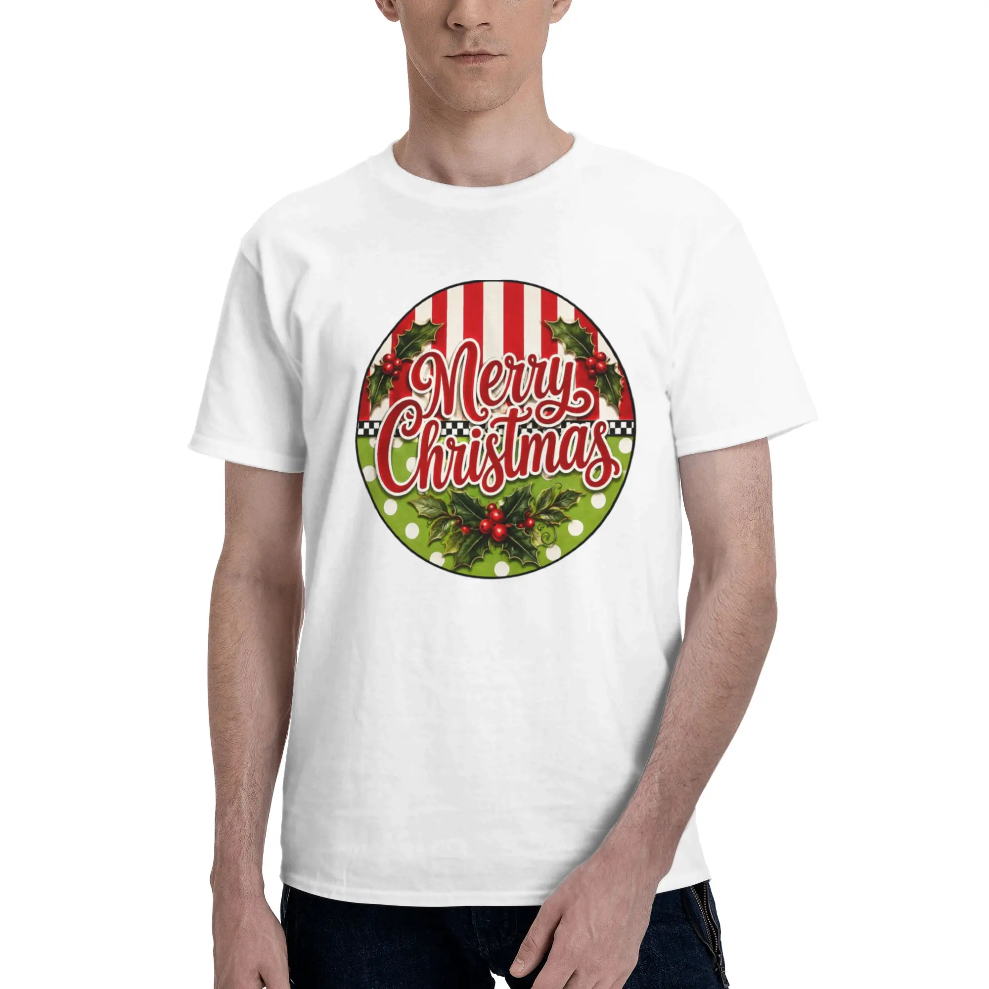 Merry Christmas Holly Wreath Round Sign Men T Shirts  Vintage Tees Short Sleeve Crewneck 100% Cotton New Arrival Clothes T-Shirt