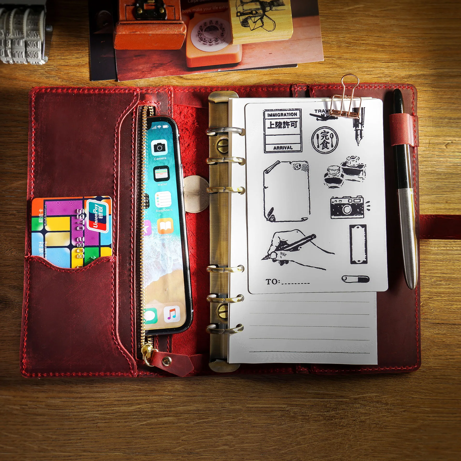 Handmade Genuine LeatherA5 A6 Personal size Multifunction Spiral Notebook Cowhide Diary Loose Leaf Replaceable Inserts 6 holes