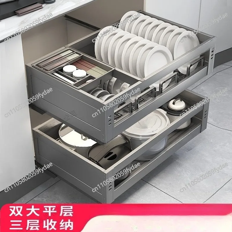 Cabinet Stainless Steel Bowl Basket Damping Double Layer Pull Basket Drawer Storage Drain Dish Plate Rack