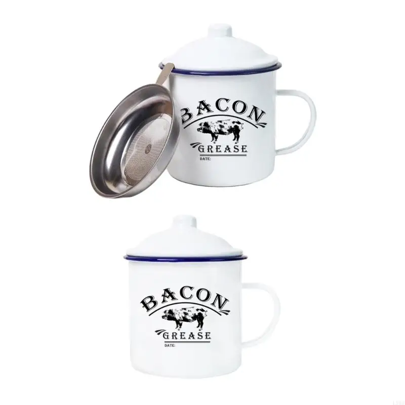 L9BE Retro Enamel Lard Pot With Double Handle 1200ML Mini Stews Bowl Kitchen Storage