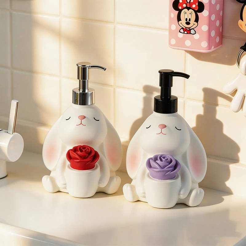 Cute Rabbit Rose Lotion Dispenser Resin Refill Pump Bottle 280ml Bathroom Sink Hand Soap Shampoo Desktop Decor Storage Container