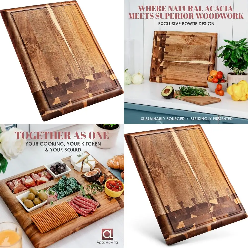 

Eco-Friendly Acacia Chopping Board - Large Kitchen Butcher Block with Juice Groove, 3-Section Serving Tray, 17 x 13 x 1.5