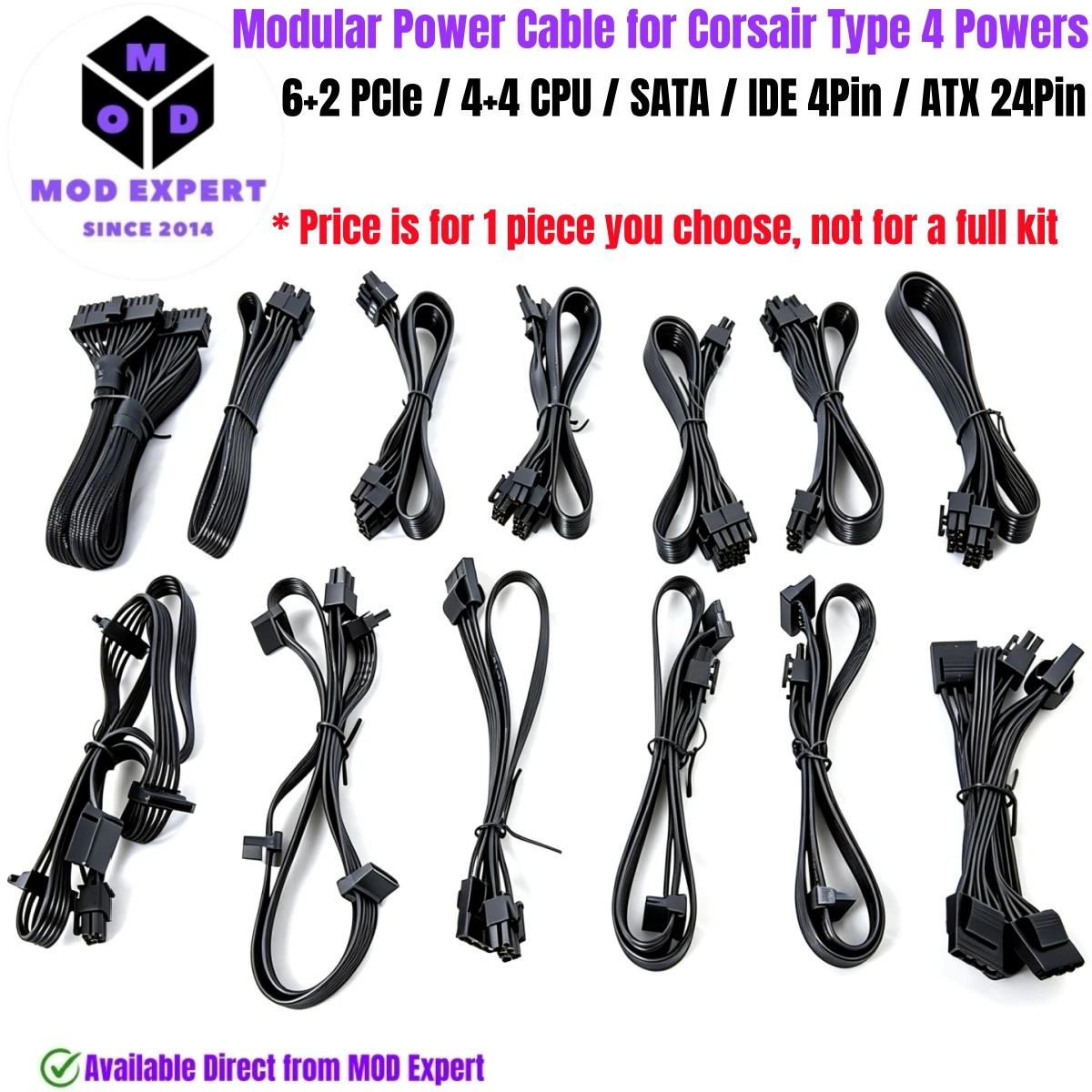 Power Cable for Corsair All Type 4 Modular Powers, 6+2 PCIe 8Pin, 4+4 CPU, HDD SSD SATA, Molex IDE 4Pin, Motherboard ATX 24Pin
