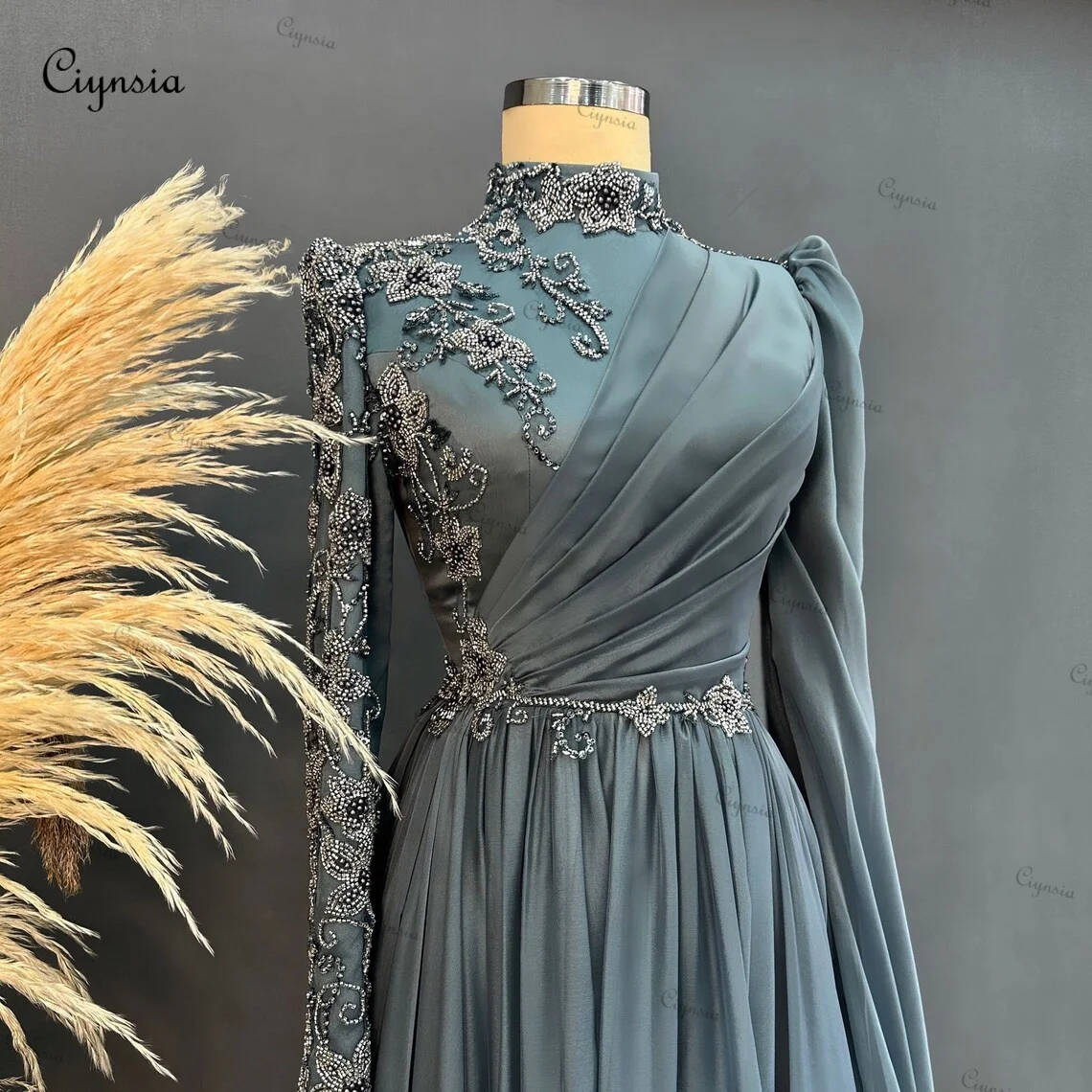 Ciynsia Islamic Long Sleeves Muslim Evening Dresses Women Elegant A-Line Chiffon Beaded Dubai Formal Prom Gowns Robe De Soiree