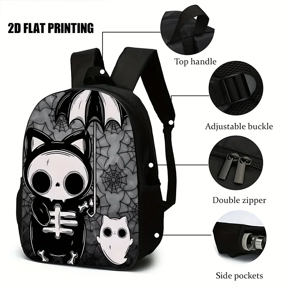 Custom Bag Halloween Gothic Backpack - Spooky Skeleton, Bats & Cat Design With Skull & Crossbones Print, Large Capacity Bookbag