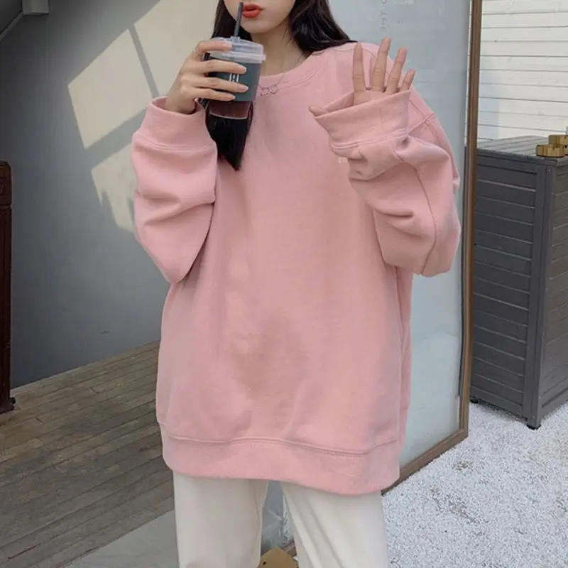 Pink Oversize Hoodies Women 2021 New Spring Autumn O-neck Pullover Sweatshirts Female Korean Style Loose Thin Long Sleeve Tops