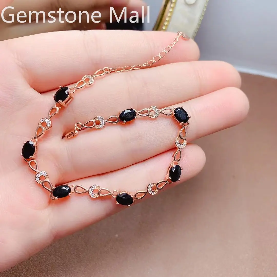 Natural Black Sapphire Bracelet for Daily Wear 7 Pieces 4mm*6mm Total 3.5ct Sapphire Silver Bracelet with 3 Layers Gold Plating