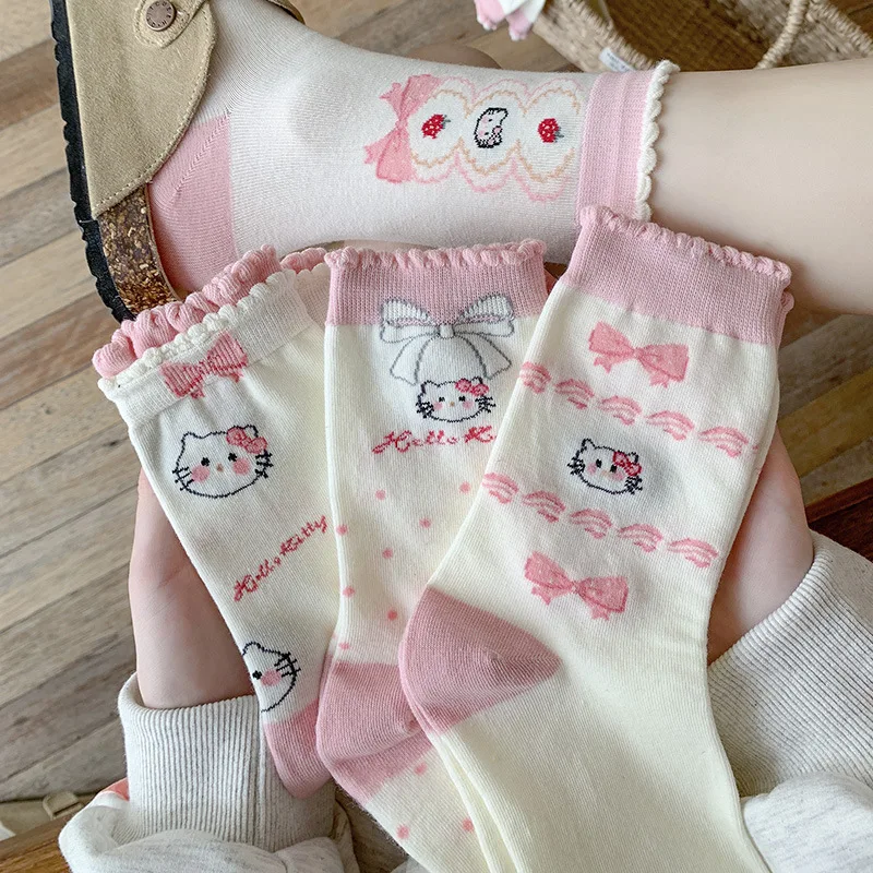 

KT cat mid-calf socks - summer and spring lightweight style Japanese sweet cartoon lace stockings - white long tube socks