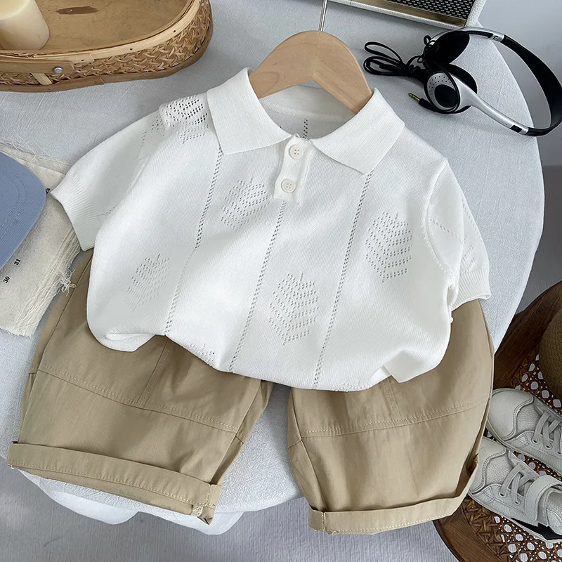 2026 Summer New Toddler Baby Kids Apricot Hollow Leaf Polo Knitted Short Sleeve Set Trendy Children Casual Shorts Outfit