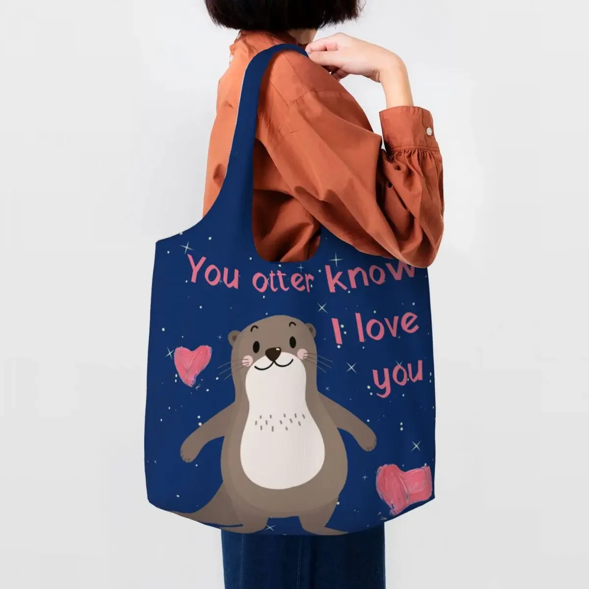 Cute Print You Otter Know I Love You Tote Shopping Bags Reusable Canvas Shopper Shoulder Bag Photography Handbag