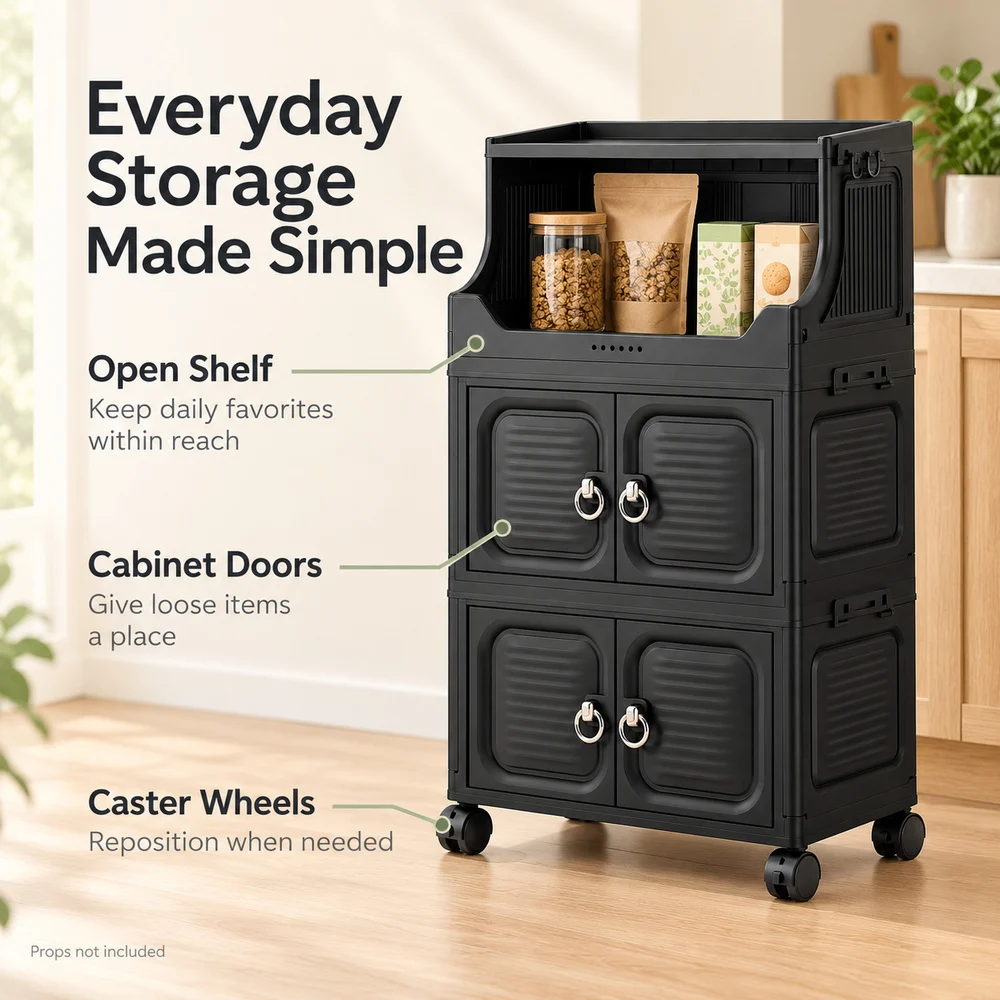 Zoe Plastic Home Storage Cabinet Kitchen Storage Cabinet On Wheels With Open Shelf Modular Pantry Organizer With Doors For Small Kitchens Coffee Stations And Everyday Essentials 18.9 inch Width