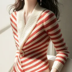 Women Autumn Winter Korean Simplicity Color blocking V-neck knitting women clothing office Lady Striped Loose Long sleeve Cardig