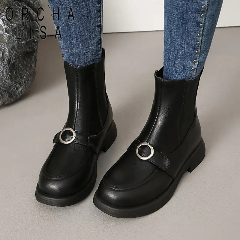 ORCHA LISA Hot Female Short Boots Round Toe 3cm Block Heels Slip On Bowknot Plus Size 44 45 46 Casual Chelsea Booties Winter