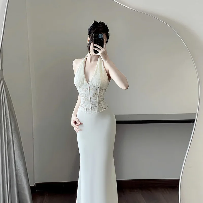 Abiti lunghi da donna eleganti estivi Abiti da festa sexy in pizzo appesi Abiti da festa Donna Vestido Con Corsetto Abiti da sposa