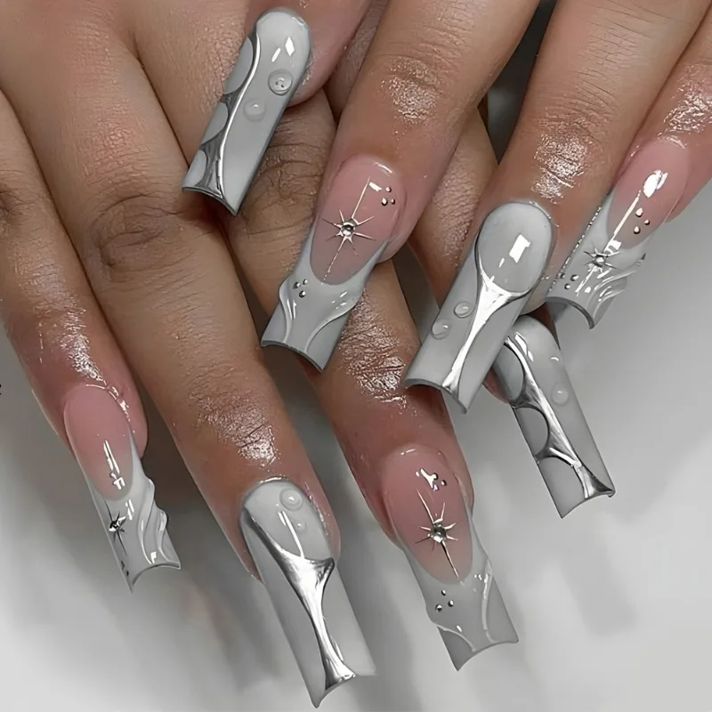 24pcs Y2k Cool Girl Long Square Head Fake Nails with Glue Silver Grey 3D Ripple French Ballet Nails Press on Full Cover Nail Tip