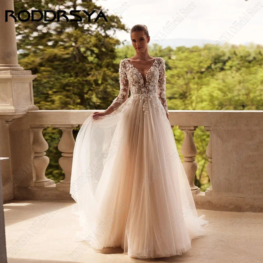 RODDRSYA Customized V Neck A Line Wedding Dresses 2025 Bride Lace 3/4 Sleeve Backless Flowers Bridal Gown Vestidos De Novias