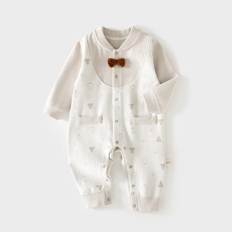 Baby-Strampler mit Langen Ärmeln, Neugeborenen-Overall ohne Knochen, Frühling und Herbst, Weicher Woll-Romper für Jungen und Mädchen, Kleinkind-Strampler mit Fliege