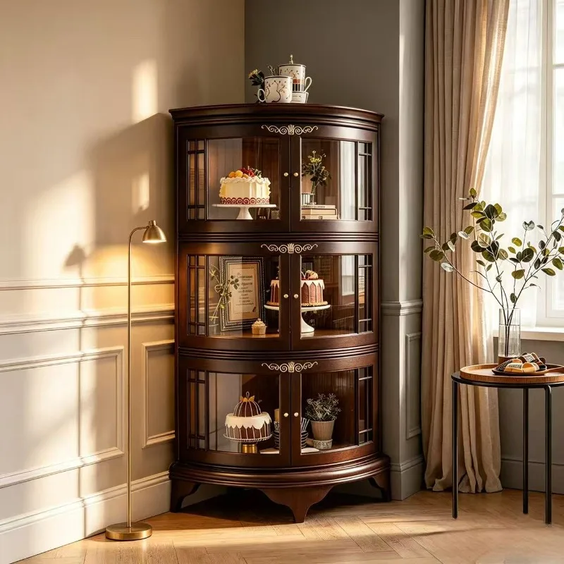 American Solid Wood Corner Cabinet Multi-layer Storage Shelf Living Room Side Cabinet Study Locker Corner Cabinet Arc Triangle C
