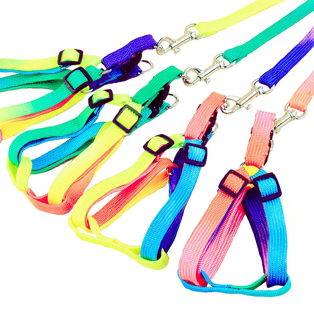 20pcs Durable Colorful Rainbow Pet Dog Collar Chest strap Harness Leash Soft Walking Harness Lead Colorful Nylon Traction Rope