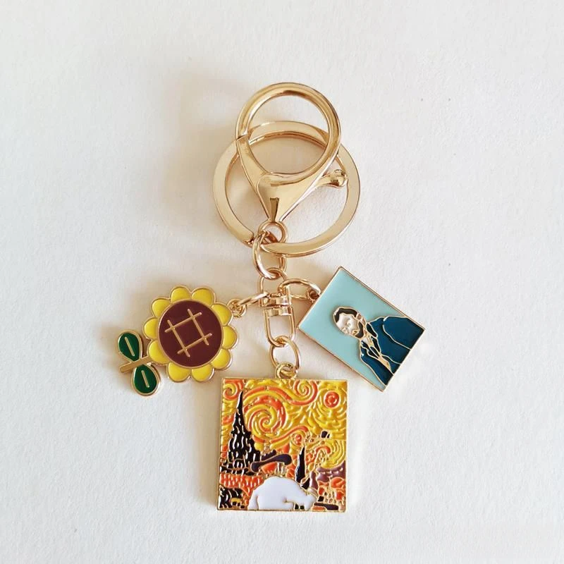 School Season Van Gogh Oil Painting Key Chain Series Alloy Star Keychain Cartoon Sunflower Bag Key Ring Student Art Decoration