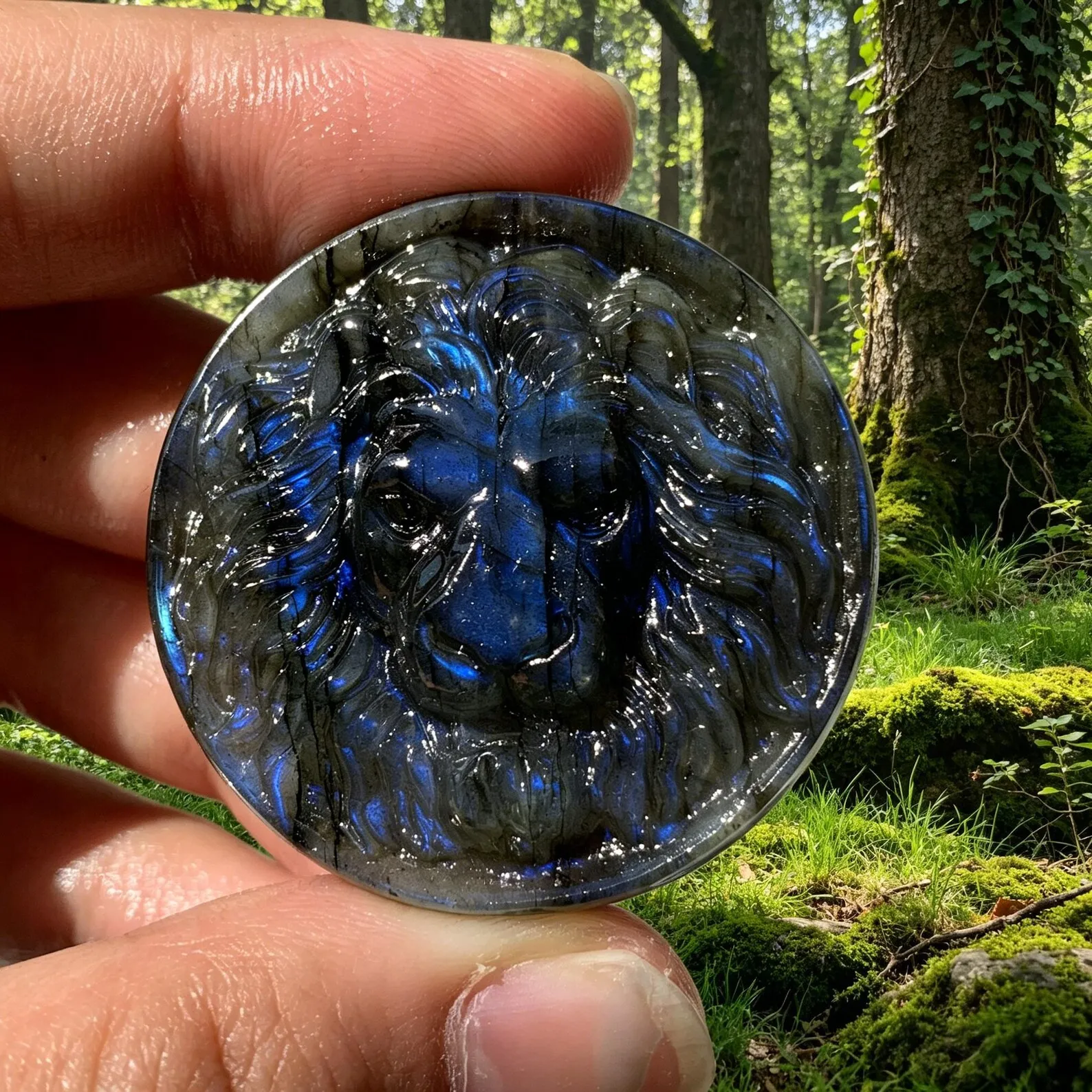 Natural Labradorite Lion Head Disc Carving Polished Round Sculptures with Blue Flash Reiki Chakra Home Decor Gifts