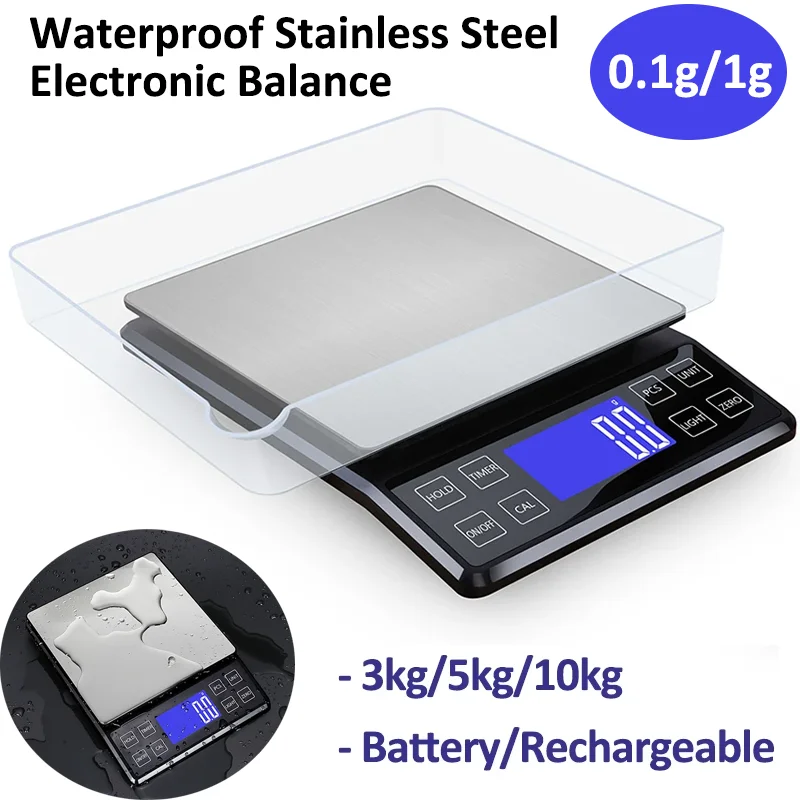 0.1g/1g Digital Kitchen Scale 3kg/5kg/10kg Home Waterproof Stainless Steel Electronic Balance Food Weighing Scale with Tray