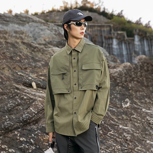 Imagen 2 del producto Camisas de carga de manga larga informales holgadas a rayas con empalme para exteriores para hombre, ropa de calle para mujer, camisas Techwear de gran tamaño a la moda, blusas