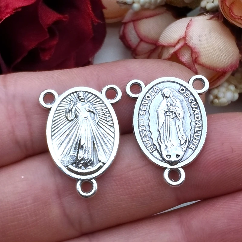 5pcs Mix Silver Plated Catholic Virgin Mary Three-Hole Connector DIY Charm Prayer Rosary Necklace Jewelry Crafts Making