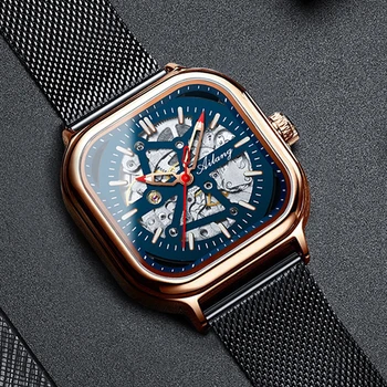 AILANG skeleton automatic mechanical watch men top brand luxury sports male black steel mesh belt clock Relogio Masculino