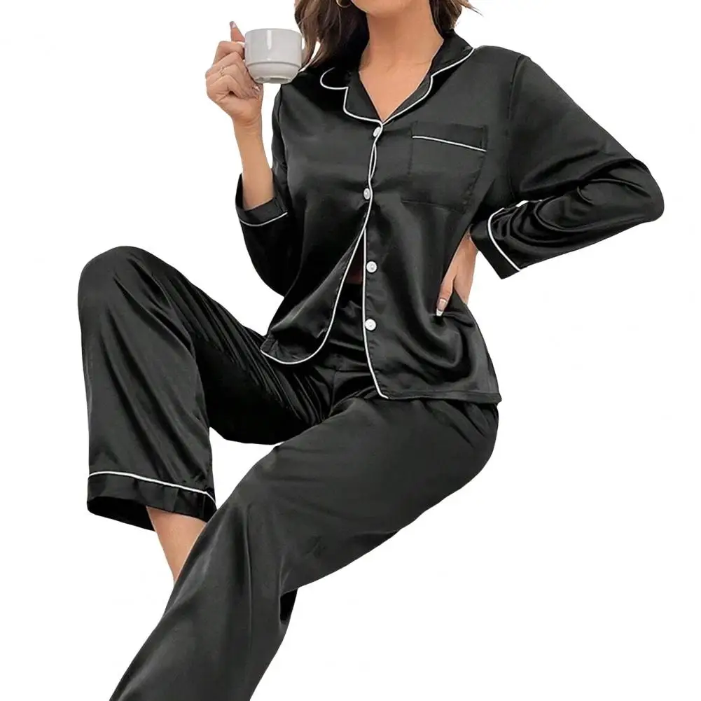 Women's Pyjama Set Long Sleeve Button Top Trousers Loungewear Set Imitation Silk Pajamas for Home Bedroom Autumn