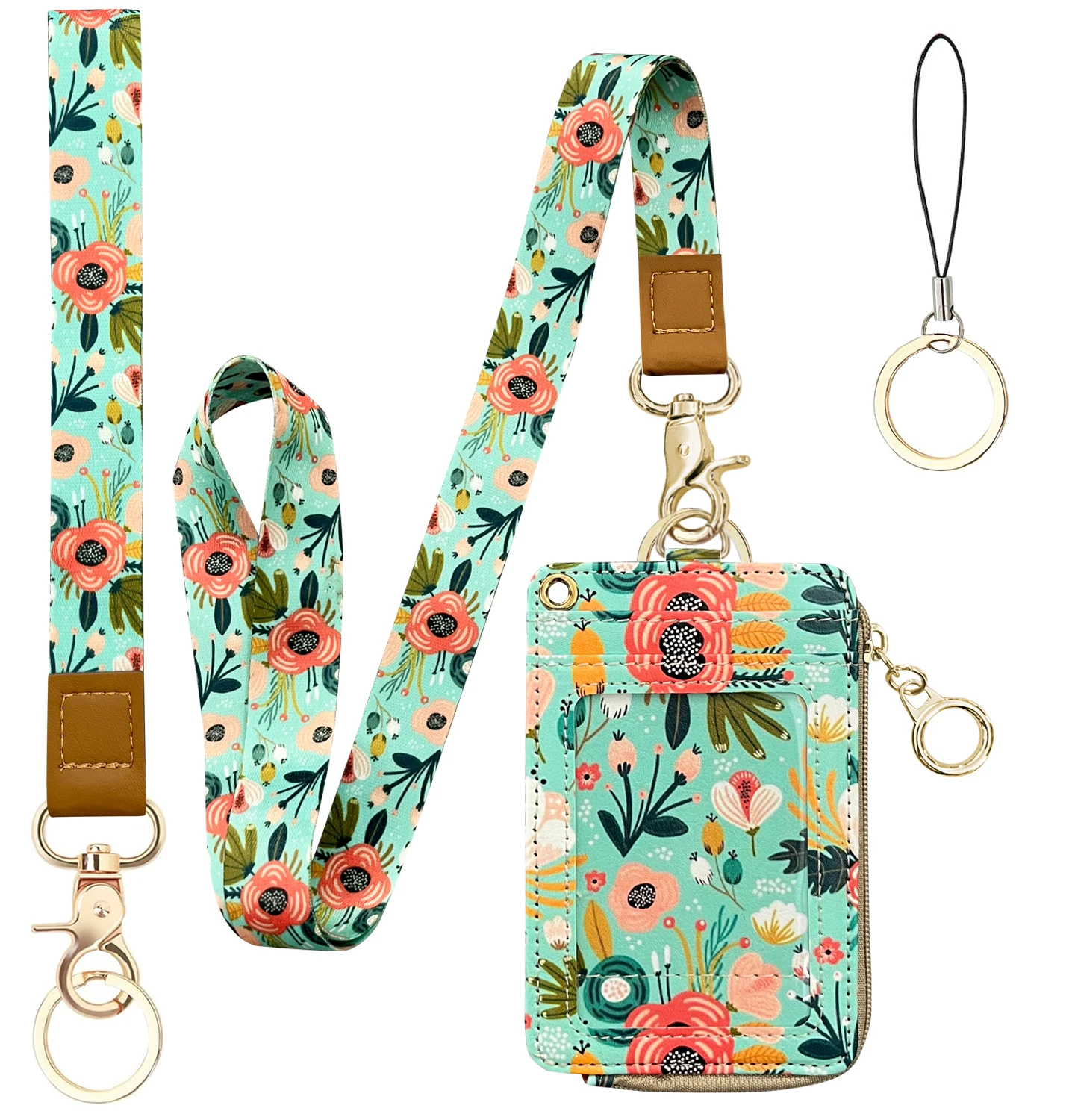 

Floral Lanyard Wallet, Cute Teacher Lanyards for ID Badges Keychain Wallet,Badge Holder with Zip Pocket, ID Holder Wallet with N