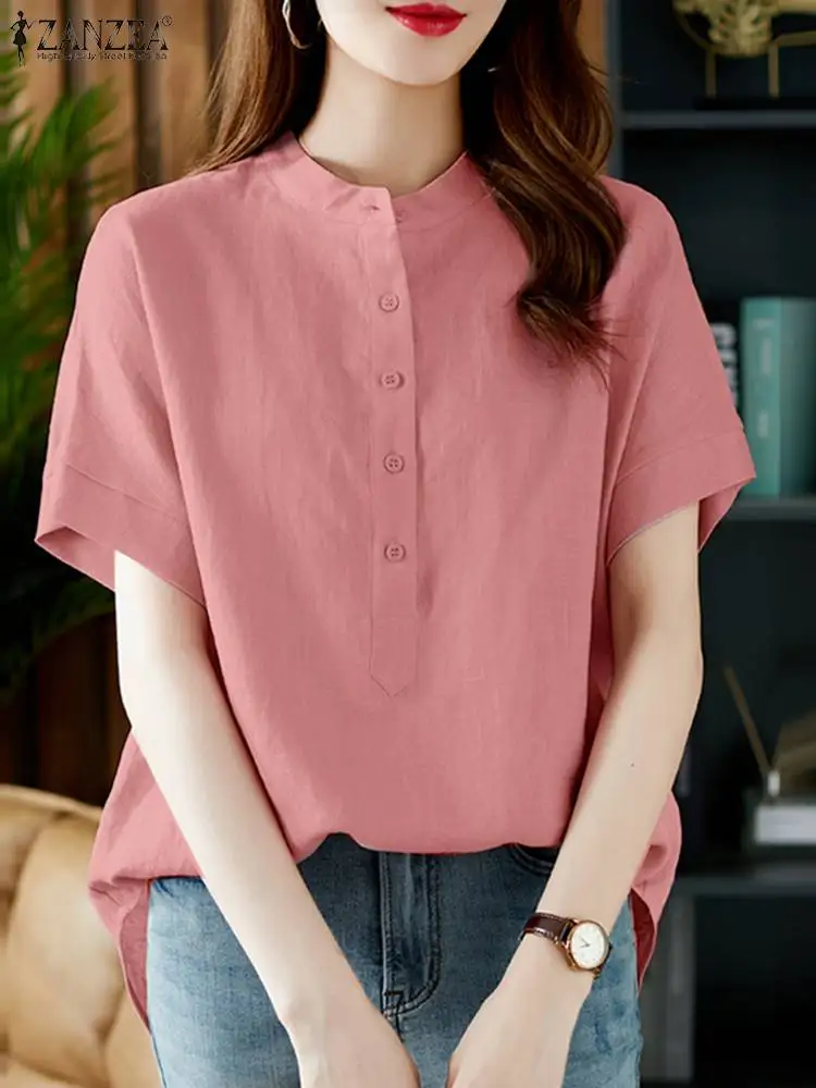 Women Vintage Solid Blouse Casual Cotton Tops Office Lady ZANZEA Summer Short Sleeve Shirt 2024 Oversized Button Up Blouses