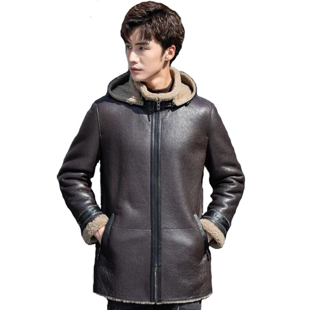 

Denny&Dora Mens Brown Shearling Jacket Mid-Length Sheepskin Coat For Men Shearling Sheepskin Jacket Men