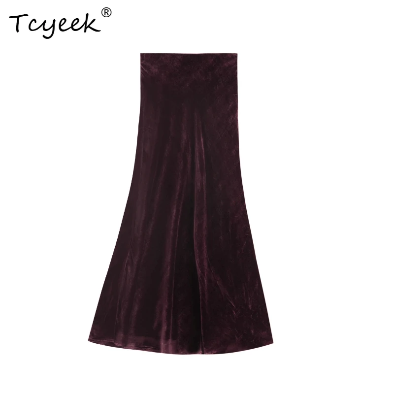 

Tcyeek 100% Real Mulberry Silk Spring Autumn High Waisted Velvet Wrapped Buttocks Fish Tail A-line Long Women Skirt Юбка Женская