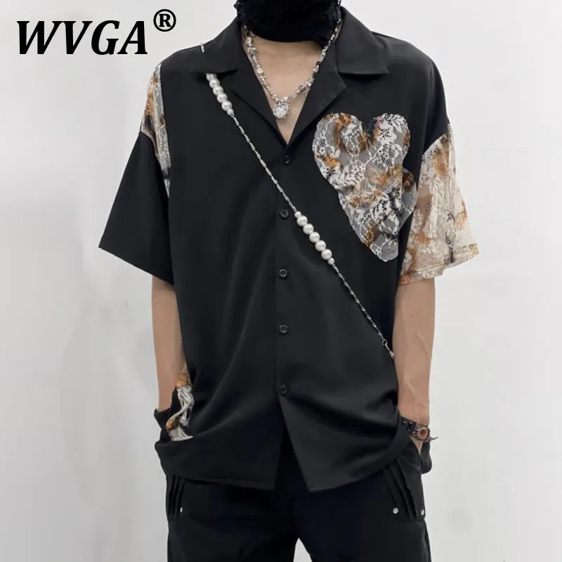 

WVGA Spring Summer New Man Tide High Street Printed Lace Design Trendy Short Sleeve Shirts Niche Chic Casual Tops Ins Y2K W10320