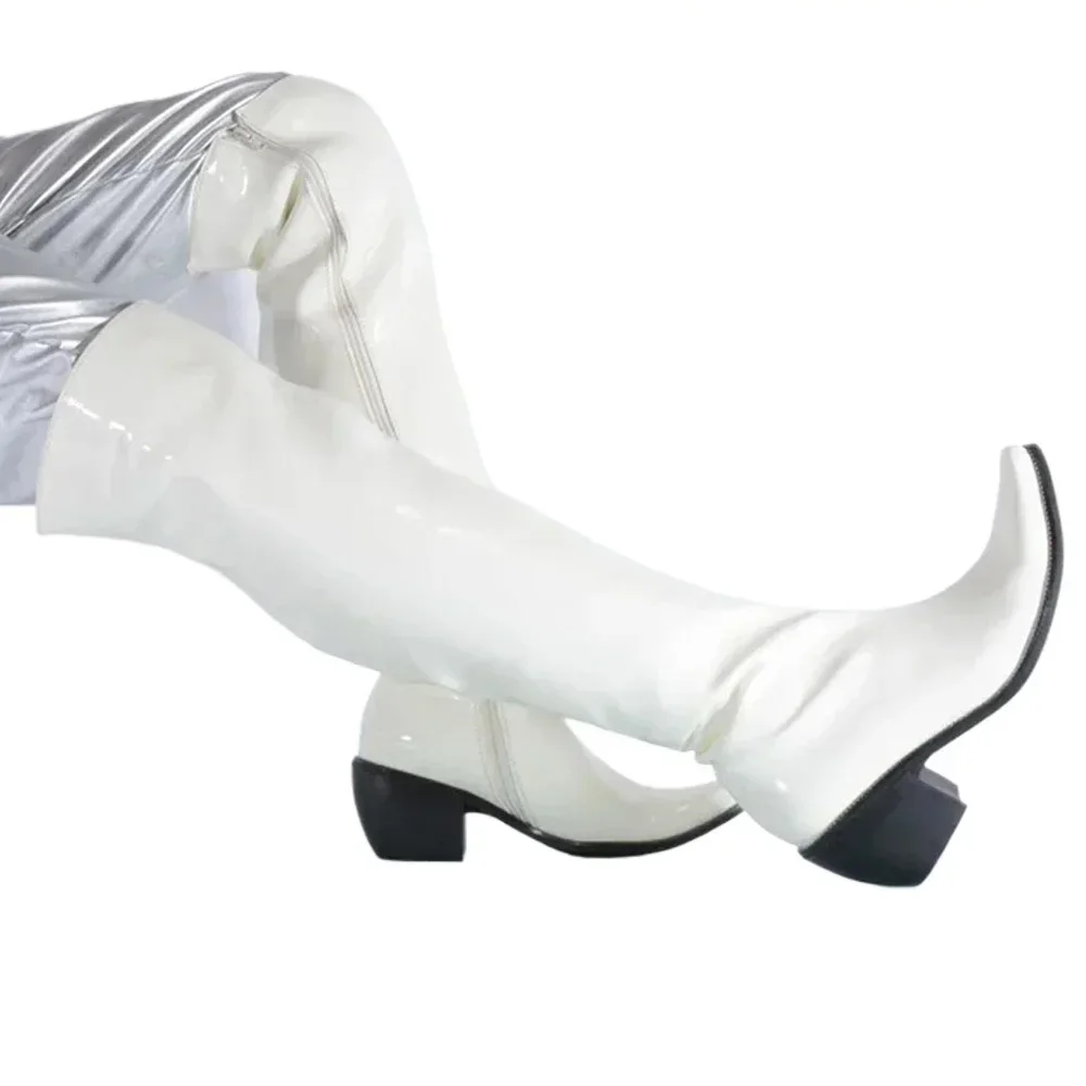 Fashion Men Patent Leather Over The Knee Boots Chunky Heel Thigh High Stretch Pointed Toe Dressy Shoes Western Riding Boots Zip view 3