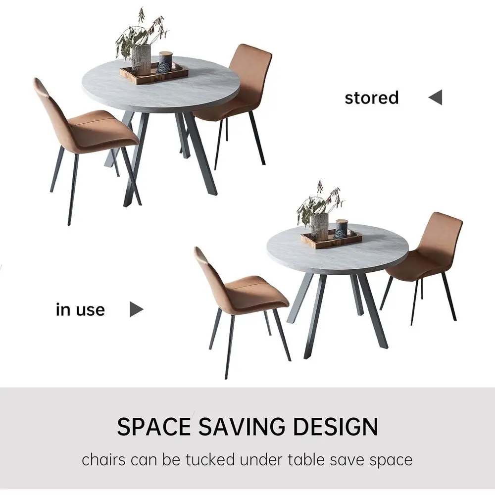 Compact 34.6 Grey Round Dining Table with 2 Brown Chairs, Modern Space-Saving Casual Set for Apartments