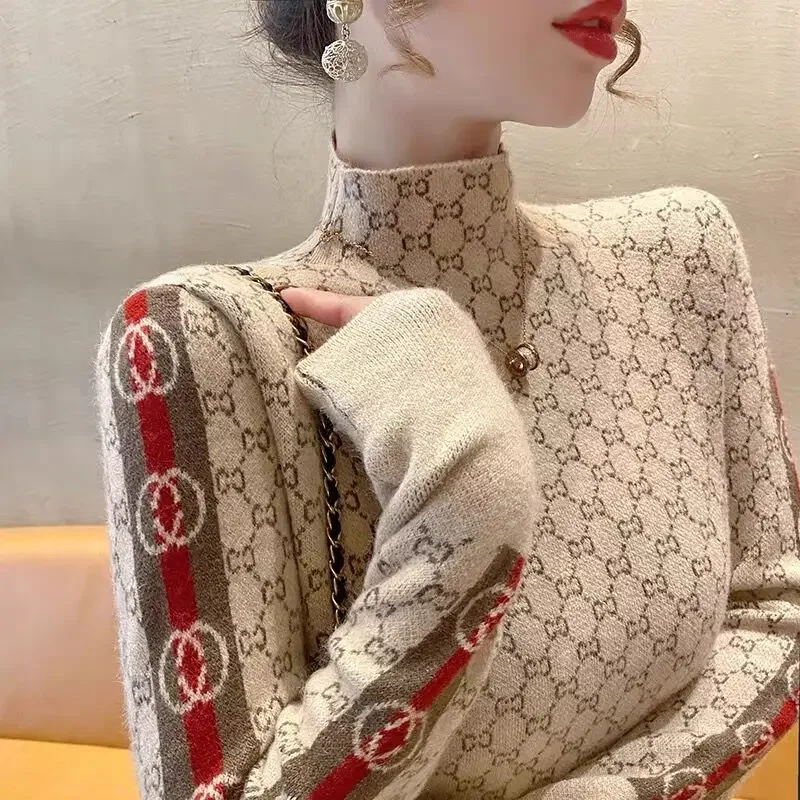 

Women's Clothing Elegant Fashion Letter Knit Pullover Autumn Slim Long Sleeve Half High Collar Pullovers Chic Top