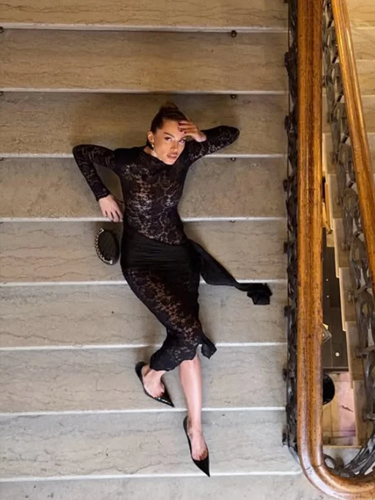 CNYISHE Lace Sheer O Neck Long Sleeve Sexy Club Women Dresses Hip Wrap Sheath Chic Trendy Party Outfits Female Streetwear Robes