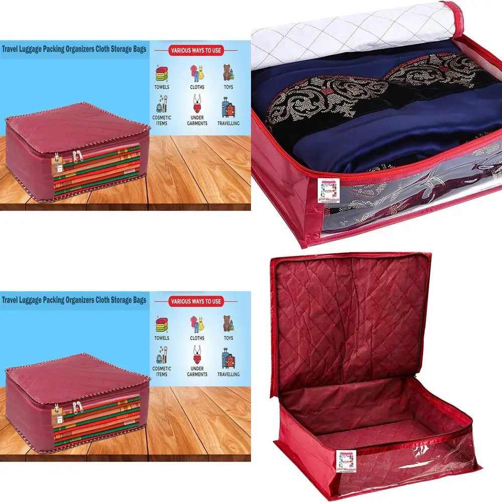 

Double Zippered Foldable Storage Bag for Saree, Lehenga, Suits & Accessories - 4 Pieces, Maroon