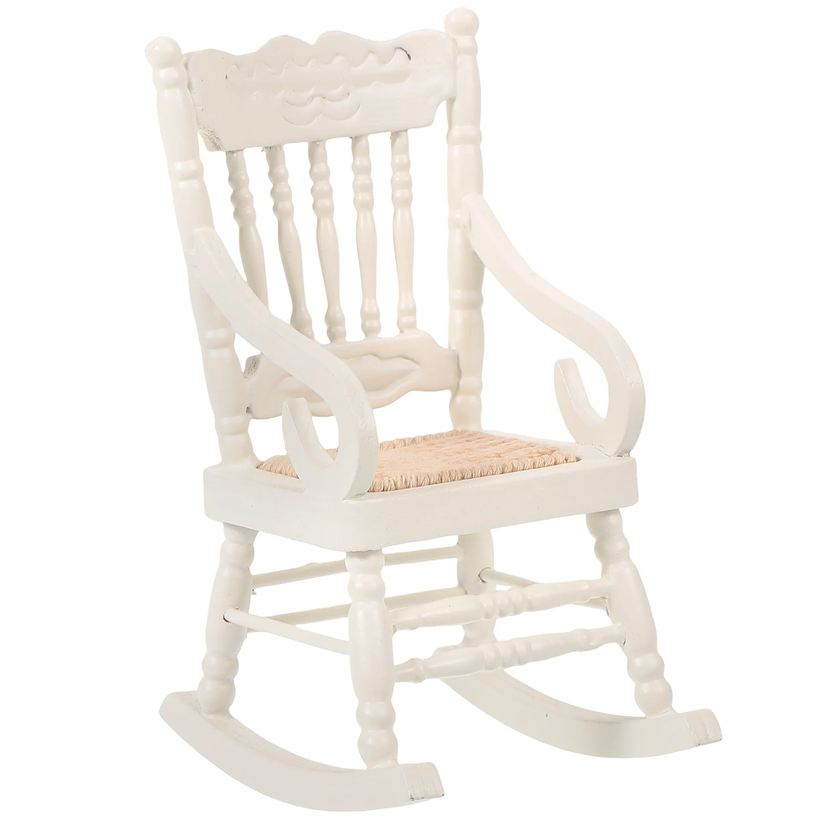 Mecedora de madera en miniatura, modelo (blanca), mecedora 1/12, silla de madera, mecedora en miniatura